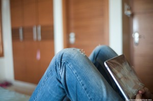 iPad on Tanmay's jeans